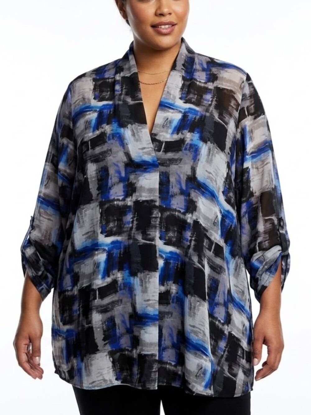 Simply Vera Vera Wang Abstract Painterly Chiffon Kimono Blouse 2X Blue Black